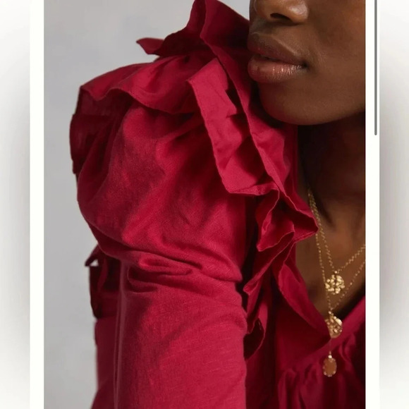 Anthropologie Dark Pink Ruffled V-Neck Top Long Sleeve Size XXS - Picture 5 of 5